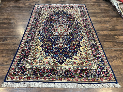 Persian Kirman Rug 6x9, Floral Medallion Vintage Wool Handmade Carpet 6 x 9, Animal Pictorials Birds, Semi Antique, Navy Blue, Millefleur - Nuvé