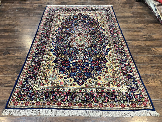Persian Kirman Rug 6x9, Floral Medallion Vintage Wool Handmade Carpet 6 x 9, Animal Pictorials Birds, Semi Antique, Navy Blue, Millefleur - Nuvé