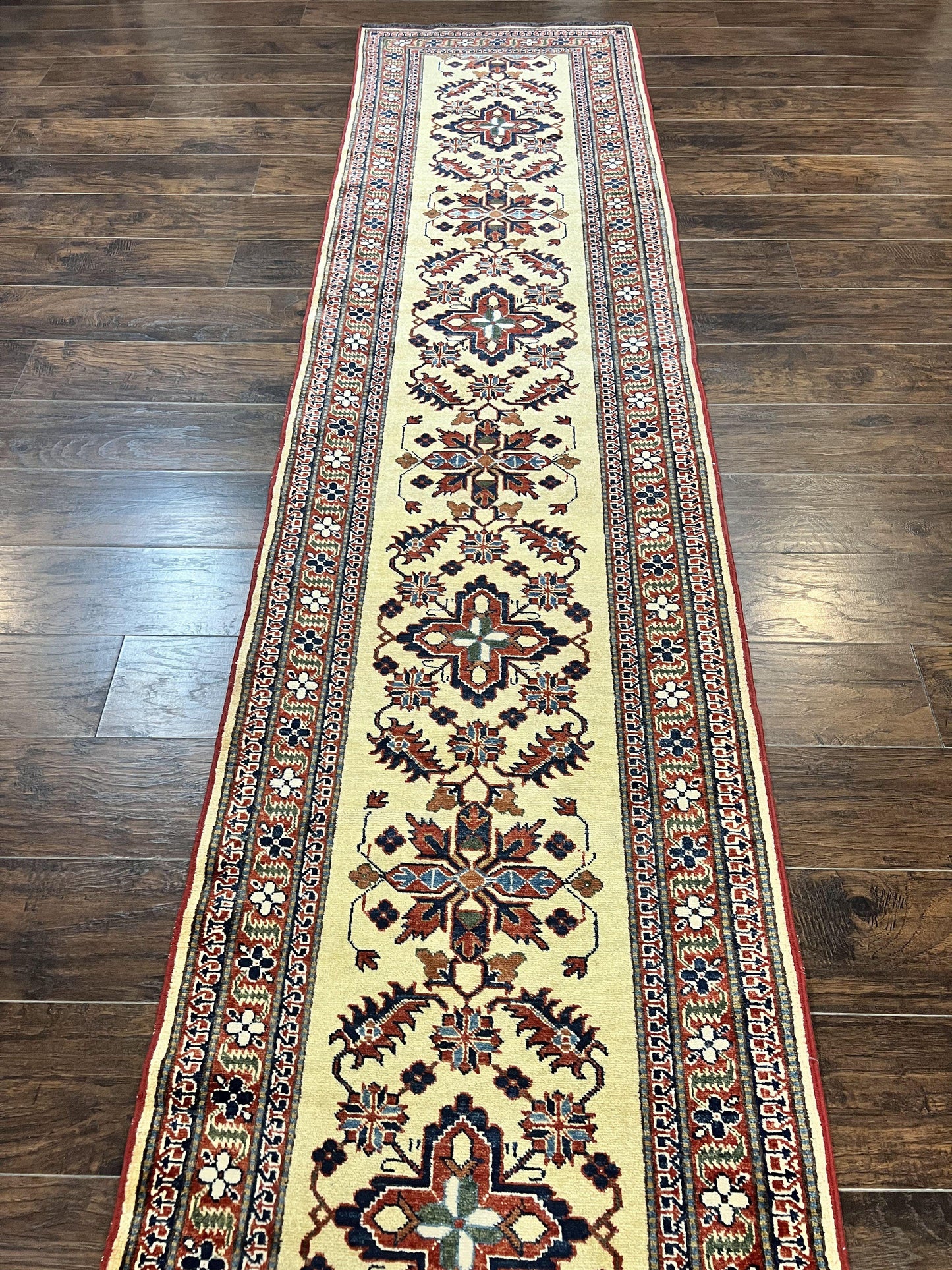 Afghan Heriz Runner Rug 2.9 x 12, Vintage Hand Knotted Persian Carpet for Hallway, 12ft Runner, Wool, Cream - Nuvé