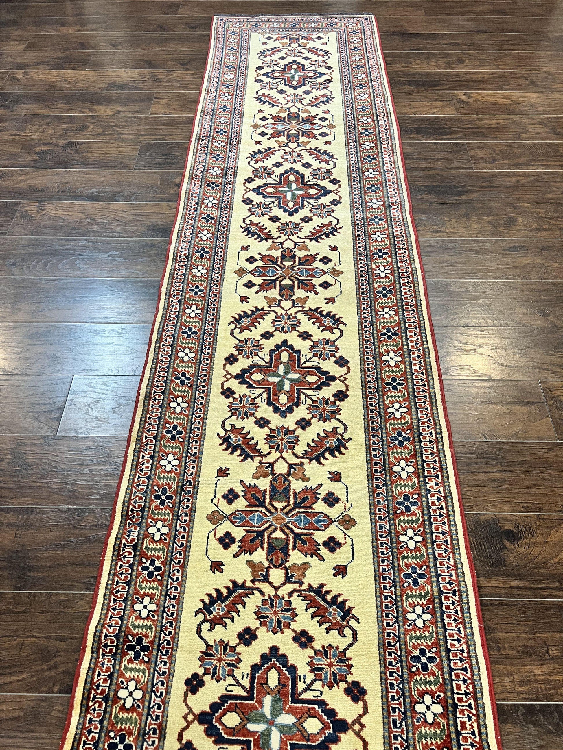 Afghan Heriz Runner Rug 2.9 x 12, Vintage Hand Knotted Persian Carpet for Hallway, 12ft Runner, Wool, Cream - Nuvé
