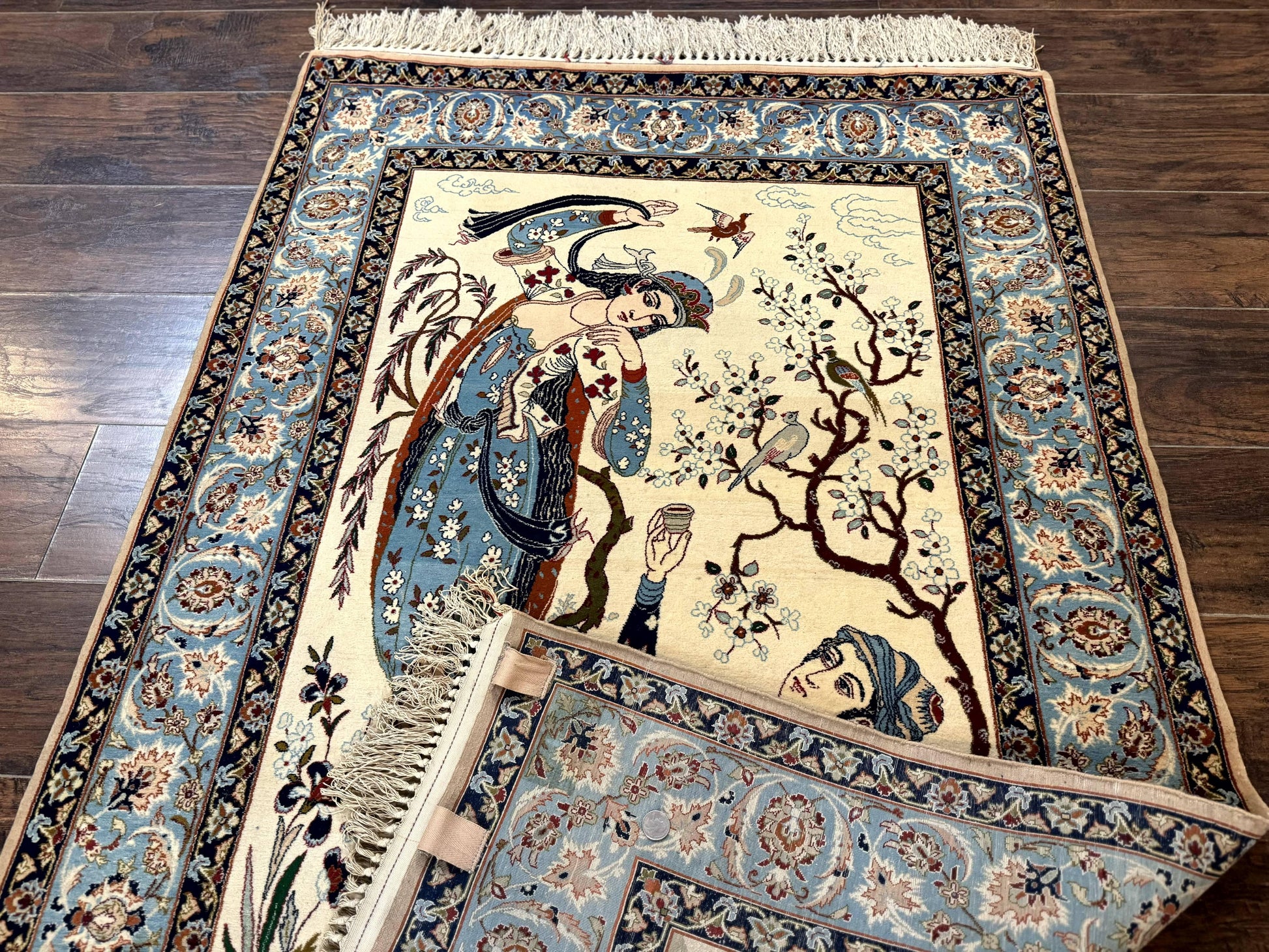 Persian Isfahan Pictorial Rug, Two Lovers, Kork Wool on Silk Foundation, Ivory and Light Blue, 500 KPSI Super Fine - Nuvé