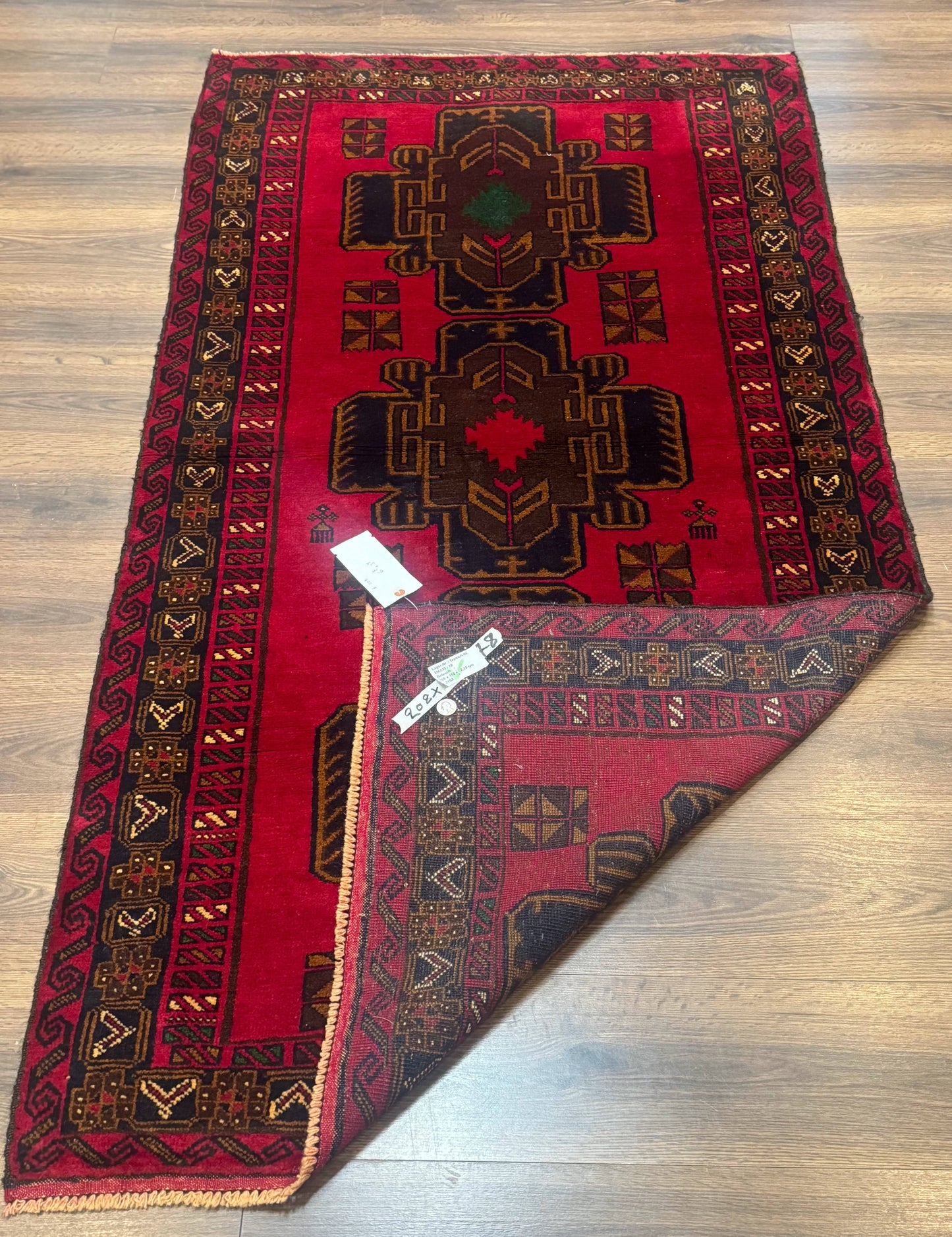 Red Afghan Balouch Rug 4x7, Triple Medallions, Handmade, New - Nuvé