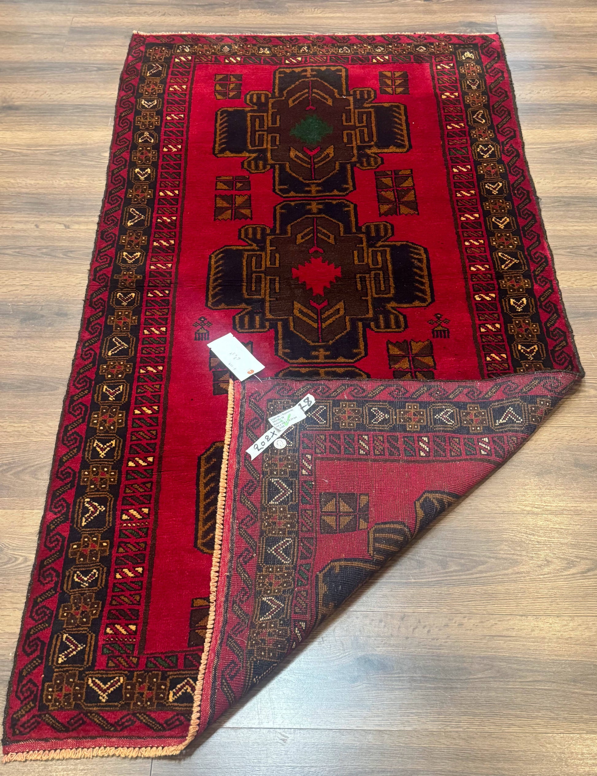 Red Afghan Balouch Rug 4x7, Triple Medallions, Handmade, New - Nuvé