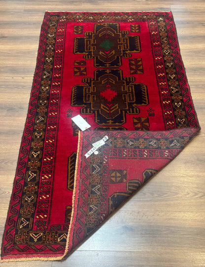 Red Afghan Balouch Rug 4x7, Triple Medallions, Handmade, New - Nuvé