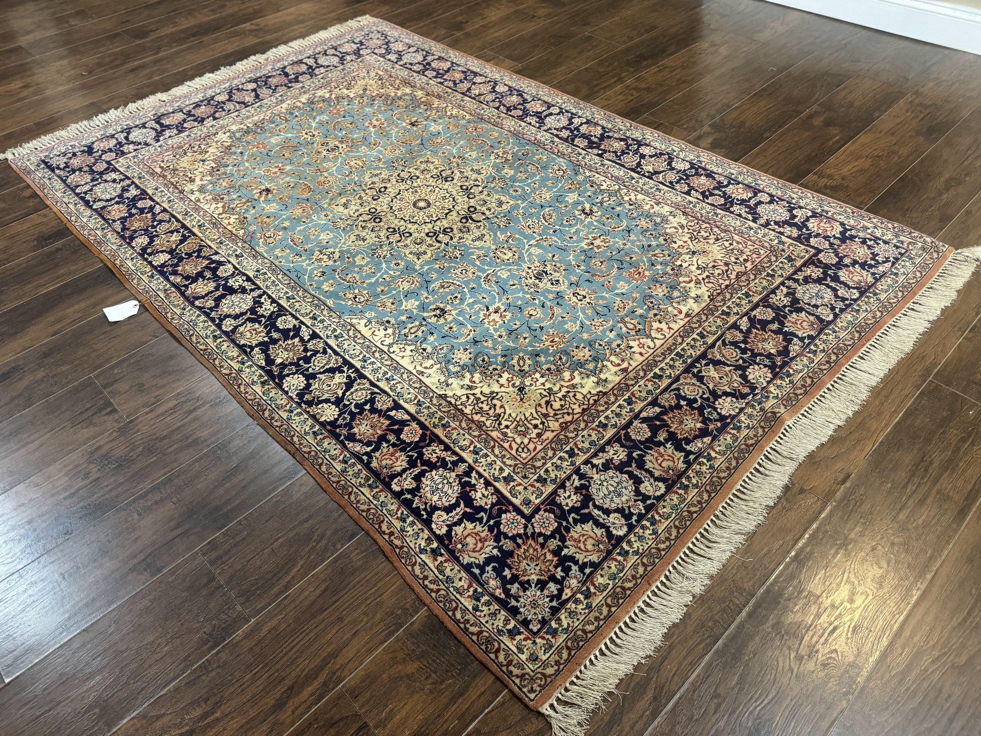 Light Blue Persian Isfahan Rug 5x8, Floral Medallion, Wool on Silk Foundation, Very Fine 530 KPSI, Handmade Carpet - Nuvé