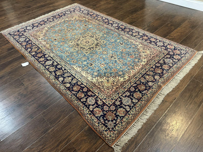 Light Blue Persian Isfahan Rug 5x8, Floral Medallion, Wool on Silk Foundation, Very Fine 530 KPSI, Handmade Carpet - Nuvé