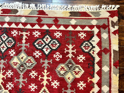 Indian Kilim Rug 6x6, Square Kilim Flatweave Carpet, Vintage Handmade Wool Rug, Red - Nuvé