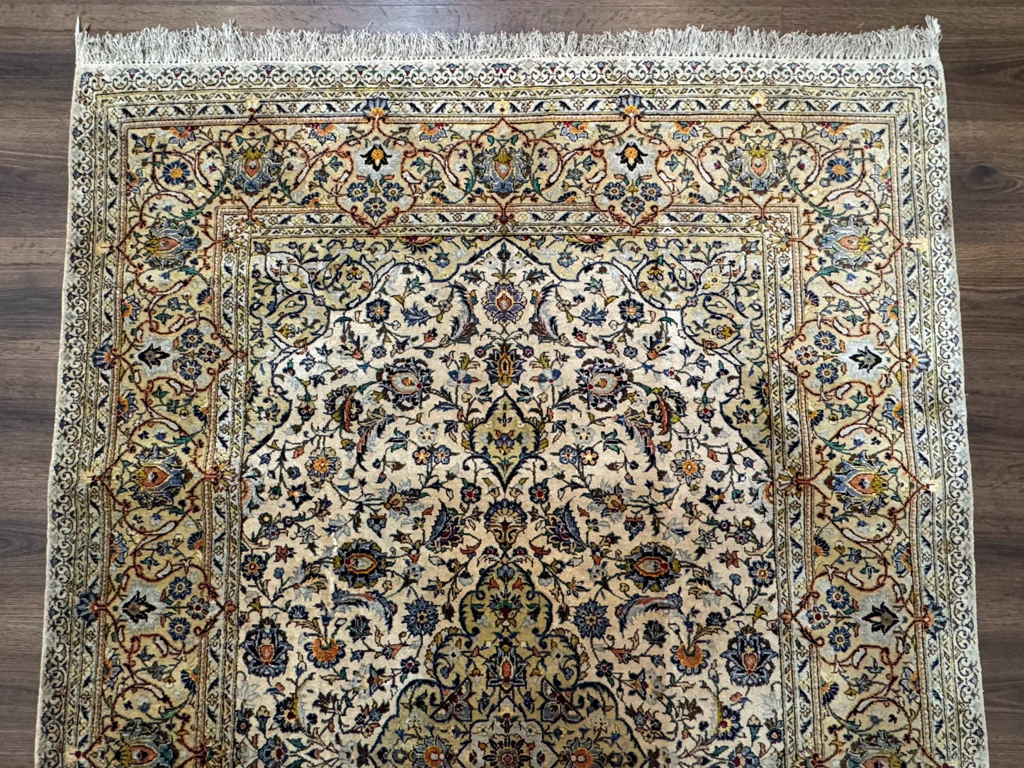 Rare Silk Persian Kashan Rug 4.6 x 7, Antique Fine 310 KPSI, Ivory - Nuvé