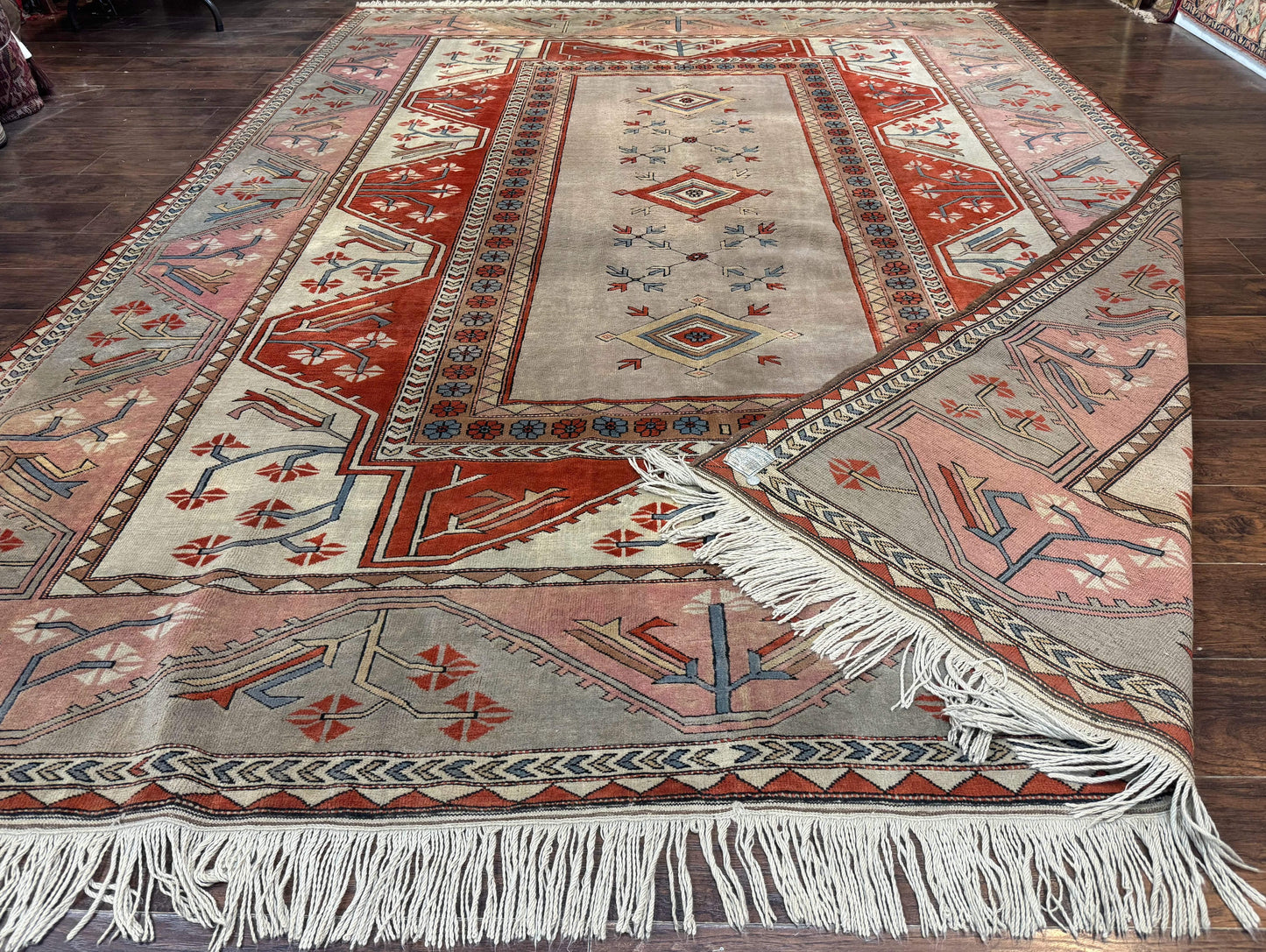 Large Turkish Milas Rug 10x13, Gray, Vintage, Wool on Wool - Nuvé