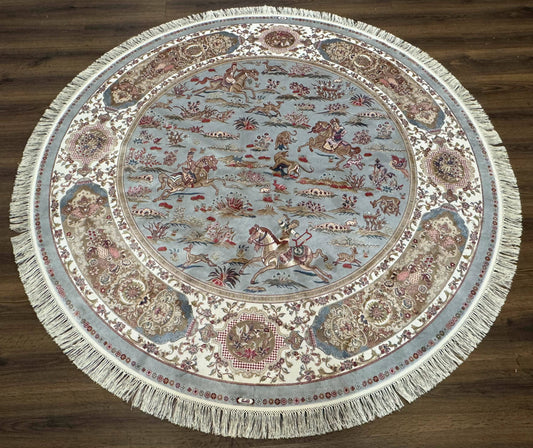 Round Silk Rug 6x6, Hunting Design, Bamboo Silk, Animal Pictorials - Nuvé