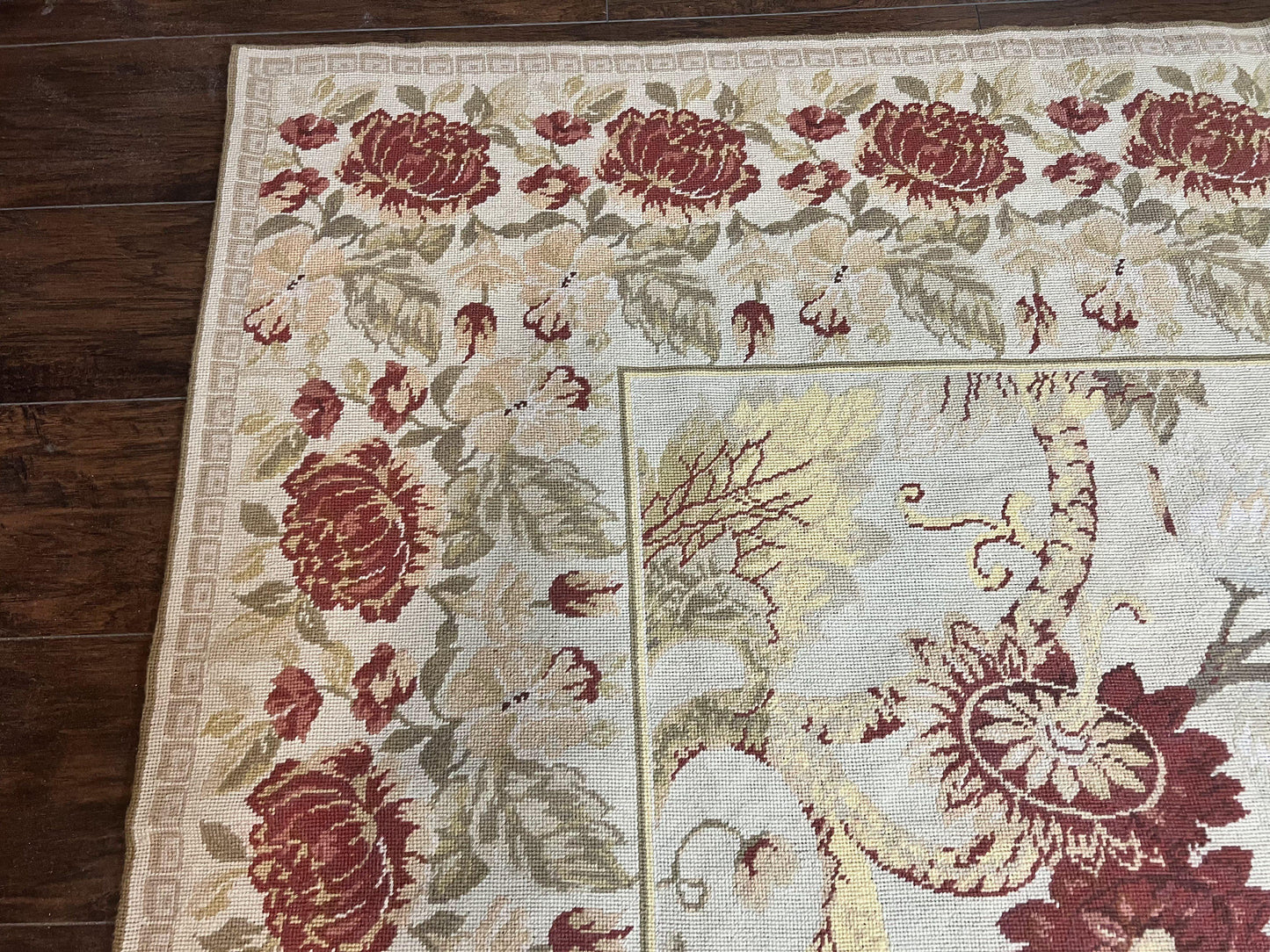 Extra Large Needlepoint Rug 14 x 20, Vintage Handwoven Handmade Wool Flatweave Carpet, Allover Floral Pattern, Elegant European Deisgn Rug - Nuvé
