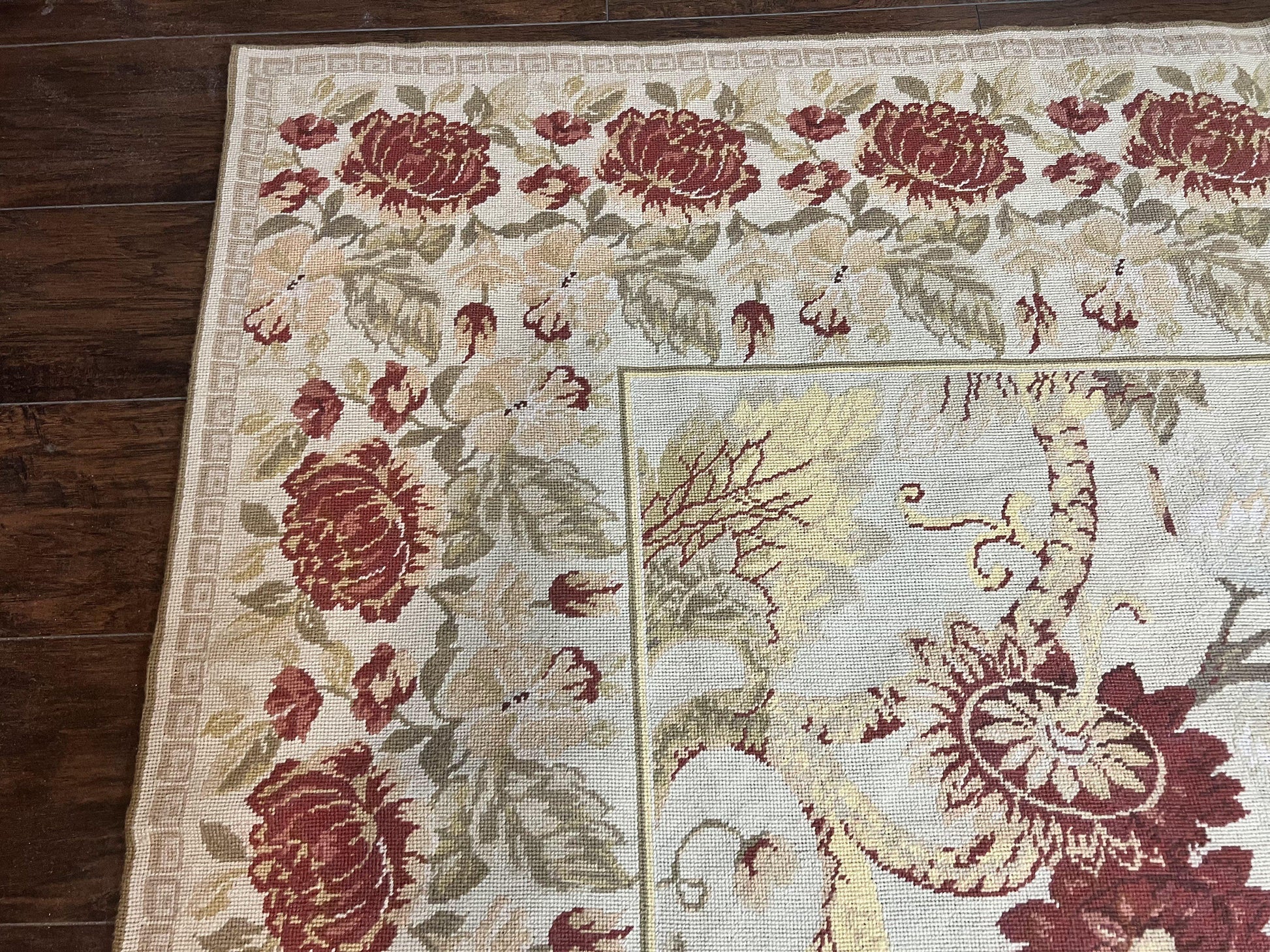Extra Large Needlepoint Rug 14 x 20, Vintage Handwoven Handmade Wool Flatweave Carpet, Allover Floral Pattern, Elegant European Deisgn Rug - Nuvé