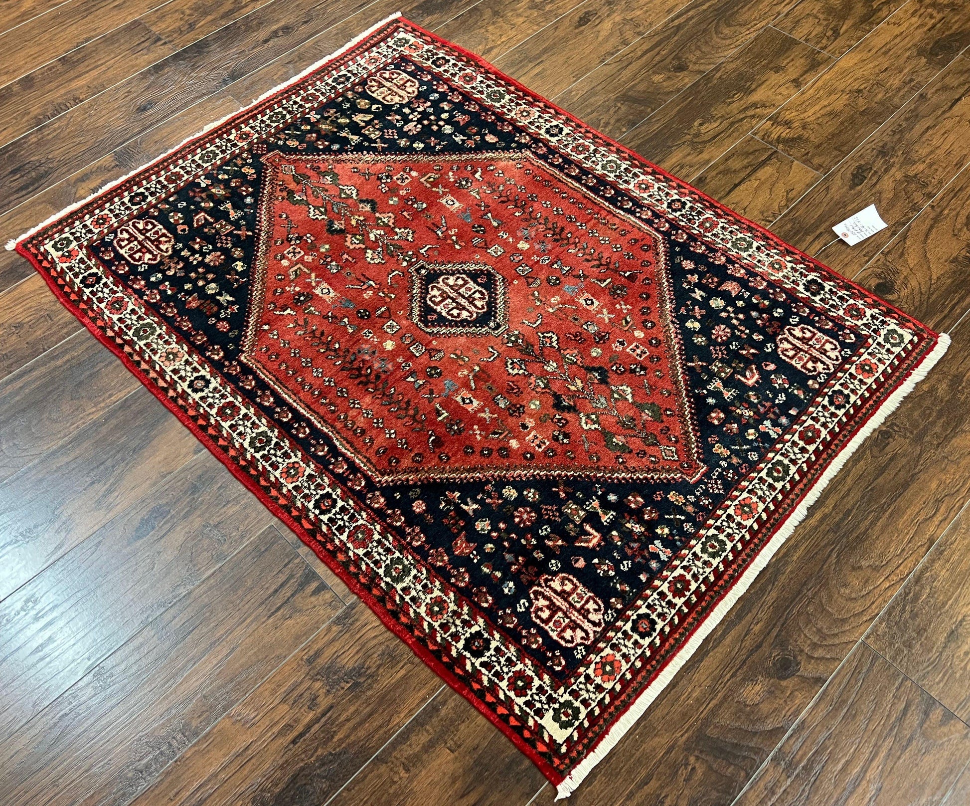 Persian Tribal Rug 3.6 x 5 ft, Persian Abadeh Rug, Geometric Medallion Bird Motifs, Red and Navy Blue Hand Knotted Handmade Wool Vintage Oriental Carpet - Nuvé