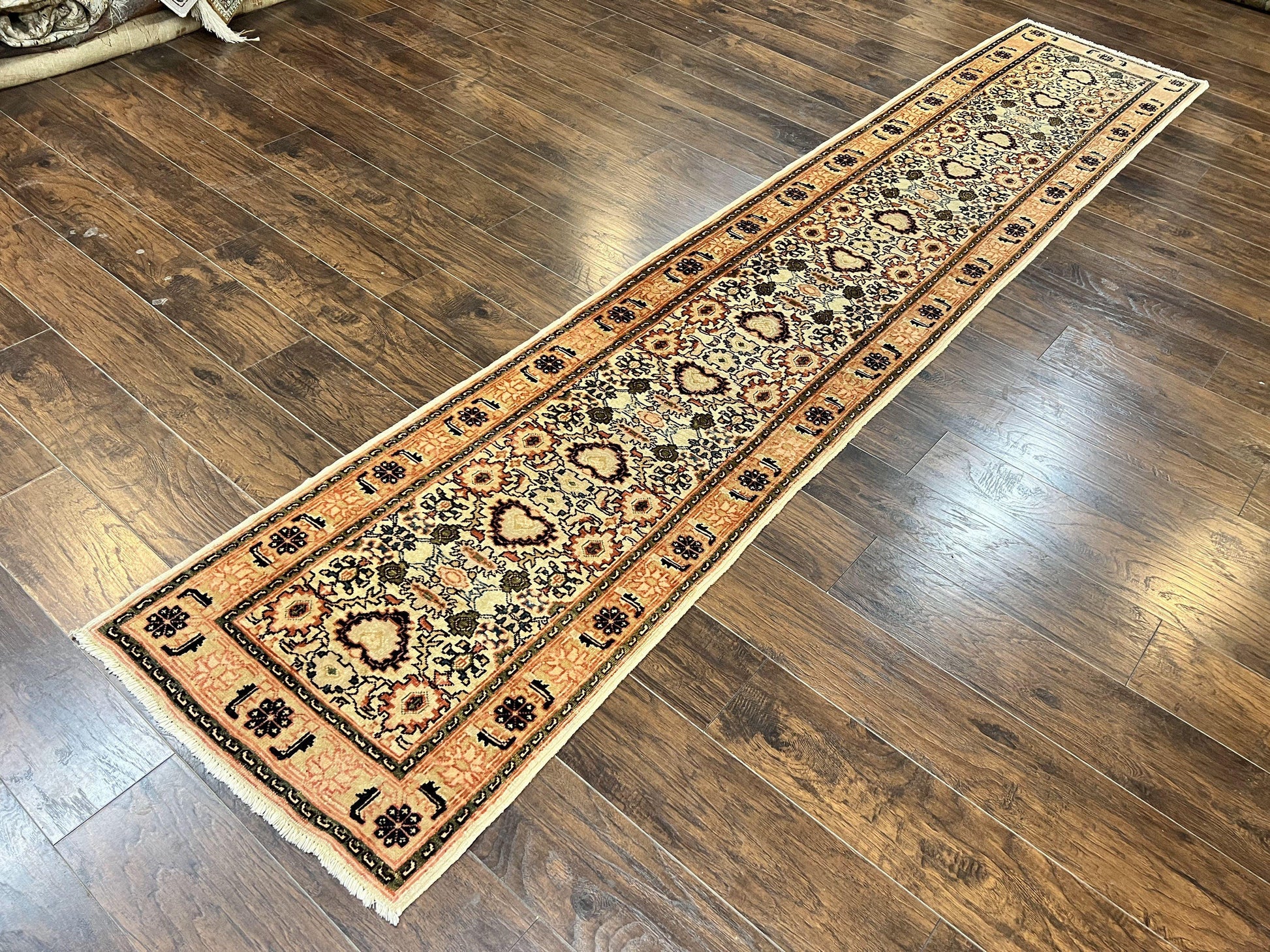 Romanian Runner Rug 2.6 x 12.9, Wool Handmade Hand Knotted Skinny Runner for Hallway, Floral Allover, Vintage Tan Runner - Nuvé