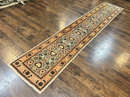 Romanian Runner Rug 2.6 x 12.9, Wool Handmade Hand Knotted Skinny Runner for Hallway, Floral Allover, Vintage Tan Runner - Nuvé