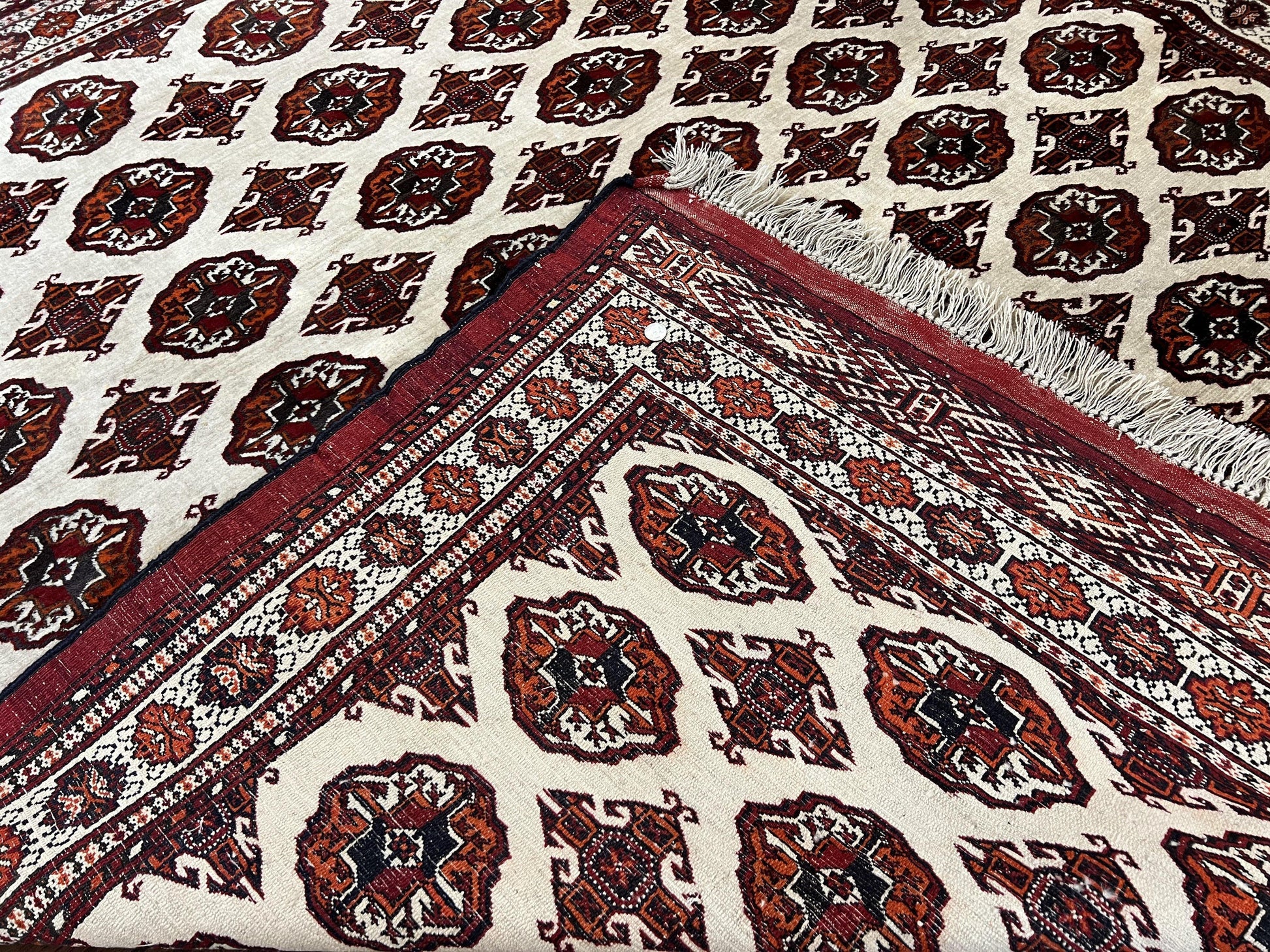 Persian Turkoman Rug 7x8, Almost Square Rare, Hand Knotted, Yamud, Bohemian Rug, Handmade Tribal Rug, Cream Red, Handmade Oriental Carpet - Nuvé