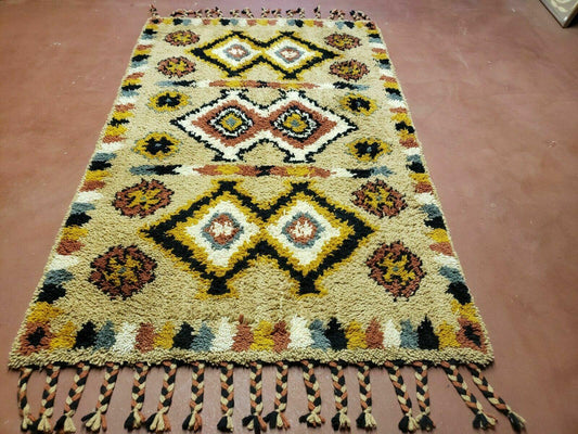 Portuguese Rya Style Shag Rug Moroccan Design, 4x6 Vintage Colorful Geometric Rug, Handmade Wool Gold Tan, Soft Pile Rug - Nuvé