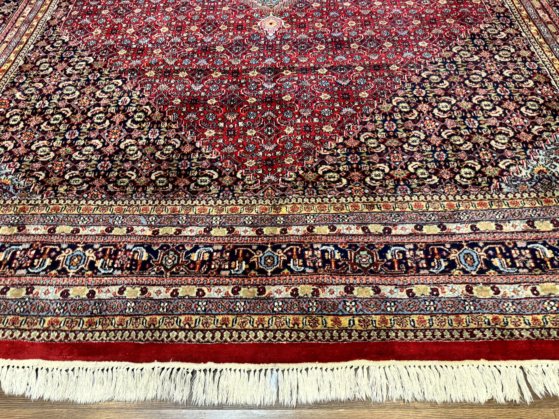 Indo Persian Bidjar Rug 10x14, Red and Dark Blue, Herati Mahi Pattern, Vintage - Nuvé