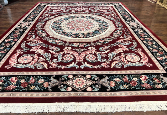 Chinese Aubusson Rug 9x12, Burgundy, Handmade Vintage Wool Carpet, Fine 210 KPSI, Elegant European Design - Nuvé