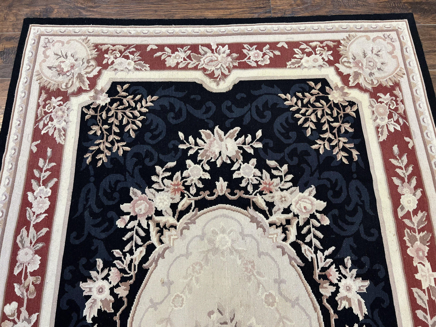 Needlepoint Rug 5x8, Wool Handmade Vintage European Design Carpet, Black & Maroon, French Aubusson Pattern Flatweave Rug - Nuvé