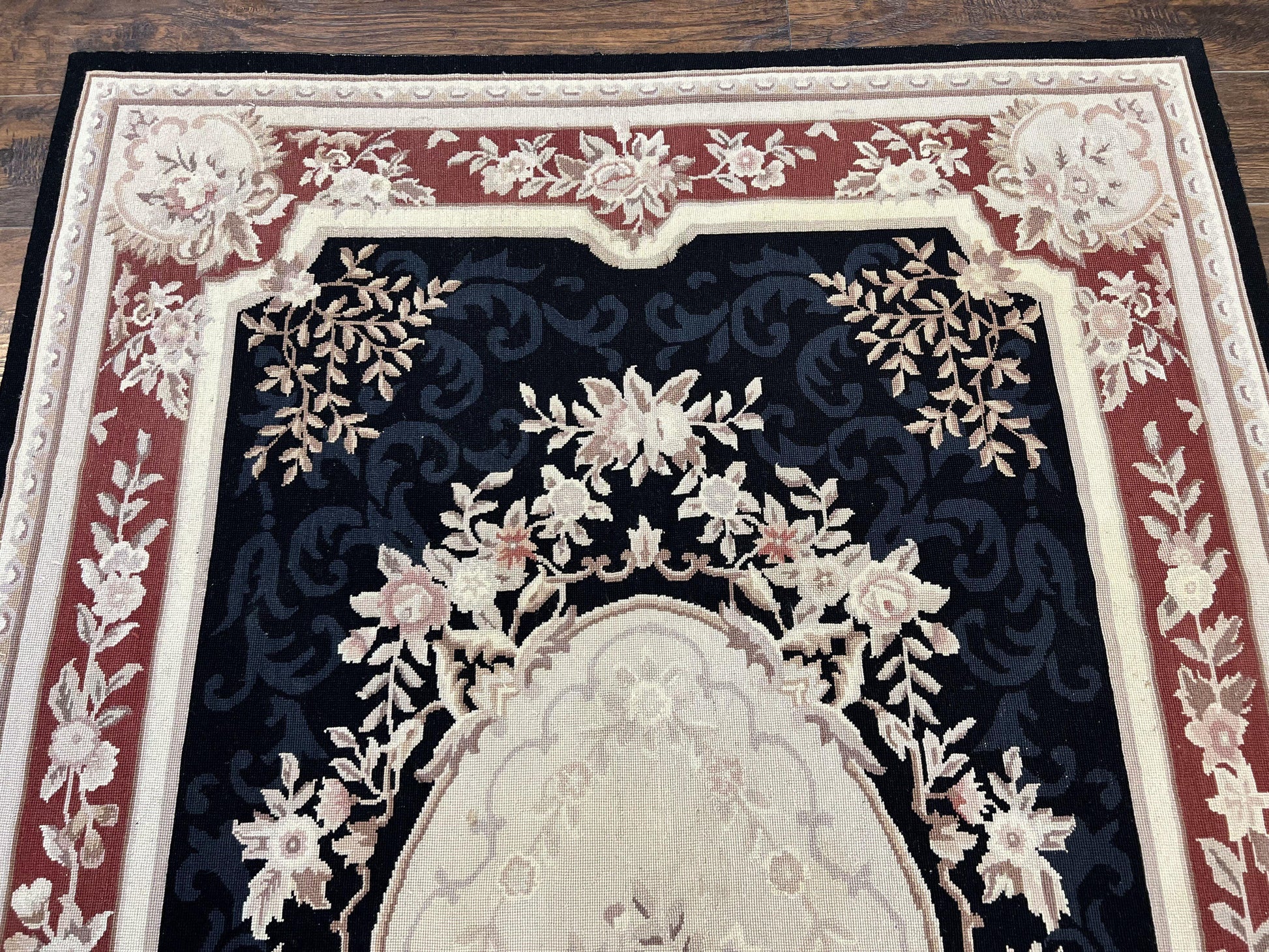 Needlepoint Rug 5x8, Wool Handmade Vintage European Design Carpet, Black & Maroon, French Aubusson Pattern Flatweave Rug - Nuvé