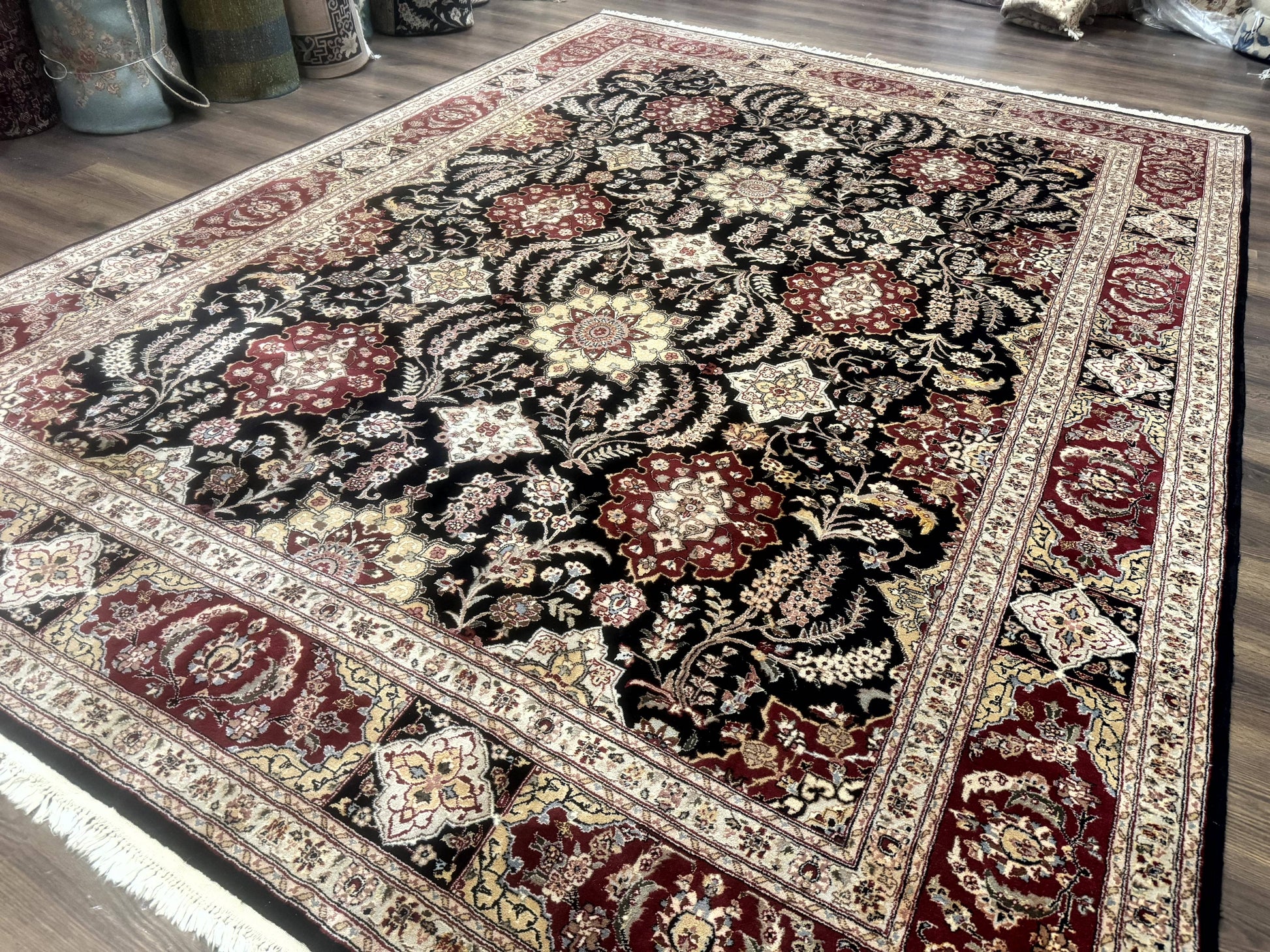 Sino Persian Rug 9x12, Black & Maroon, Wool and Silk, Allover Pattern - Nuvé