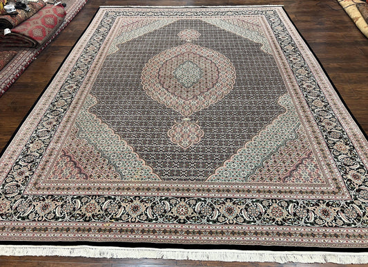 Fine Sino Persian Rug 9x12, Herati Mahi Pattern, Hand Knotted Wool Vintage Black Oriental Carpet 9 x 12 ft, Handmade Room Sized Rug, Nice - Nuvé