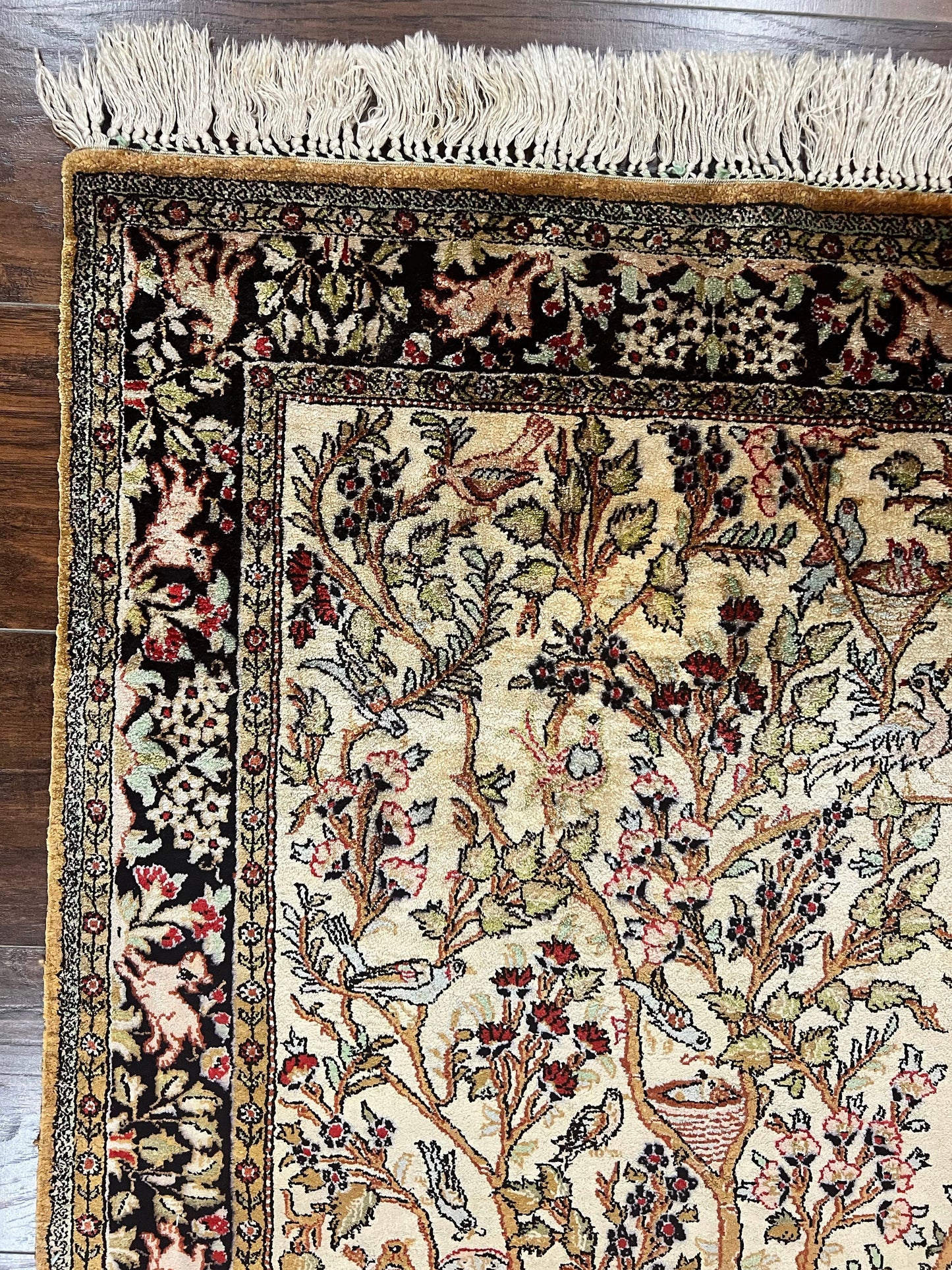 Silk Tree of Life Persian Qum Rug 3x4, Hand Knotted Vintage Carpet, Cream & Black, Very Fine Oriental Rug, Animal Pictorials, Birds - Nuvé