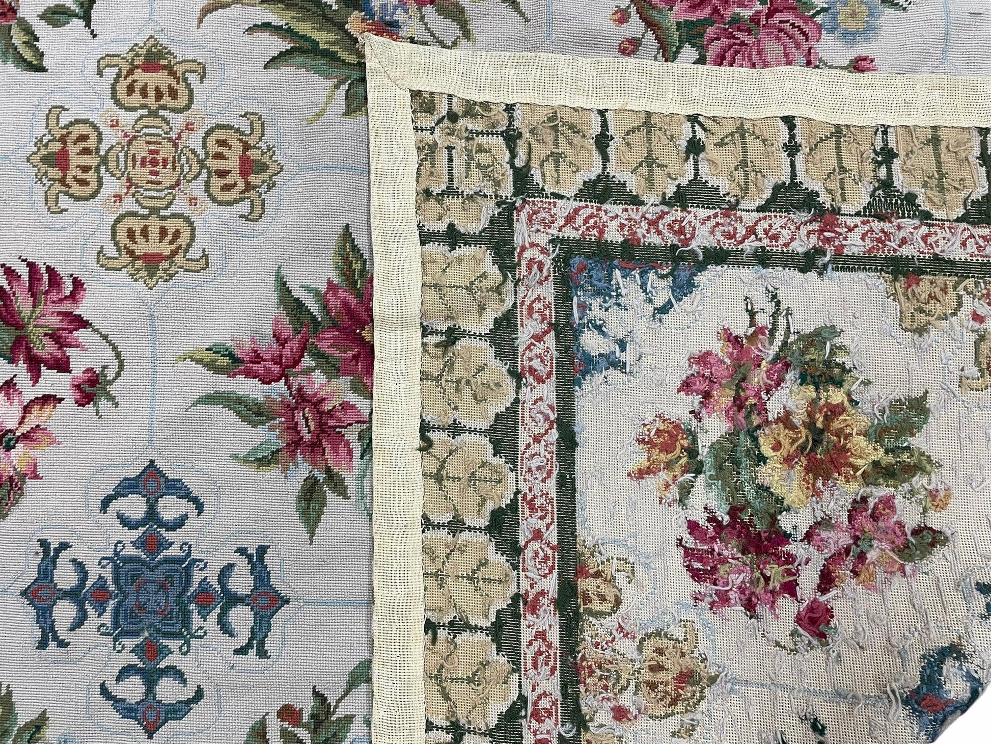 Hand-Knotted Needlepoint Carpet 6x9, Ivory/Cream Background, Colorful Flowers, Yellow Border, Aubusson Rug 6 x 9, New, Handmade - Nuvé