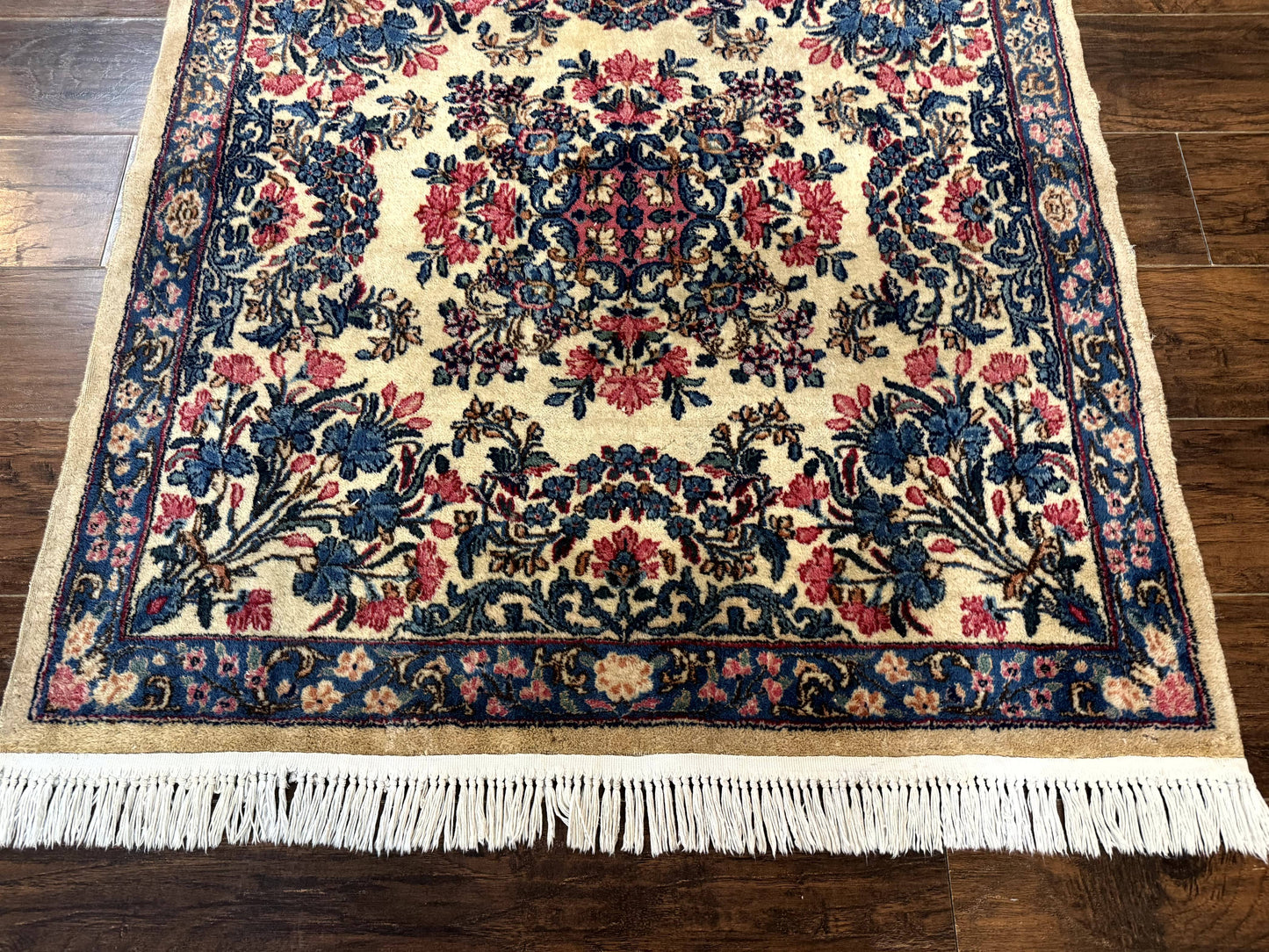 Square Persian Kerman Rug 4x4, Ivory Blue Pink, Handmade, Fine 225 KPSI - Nuvé