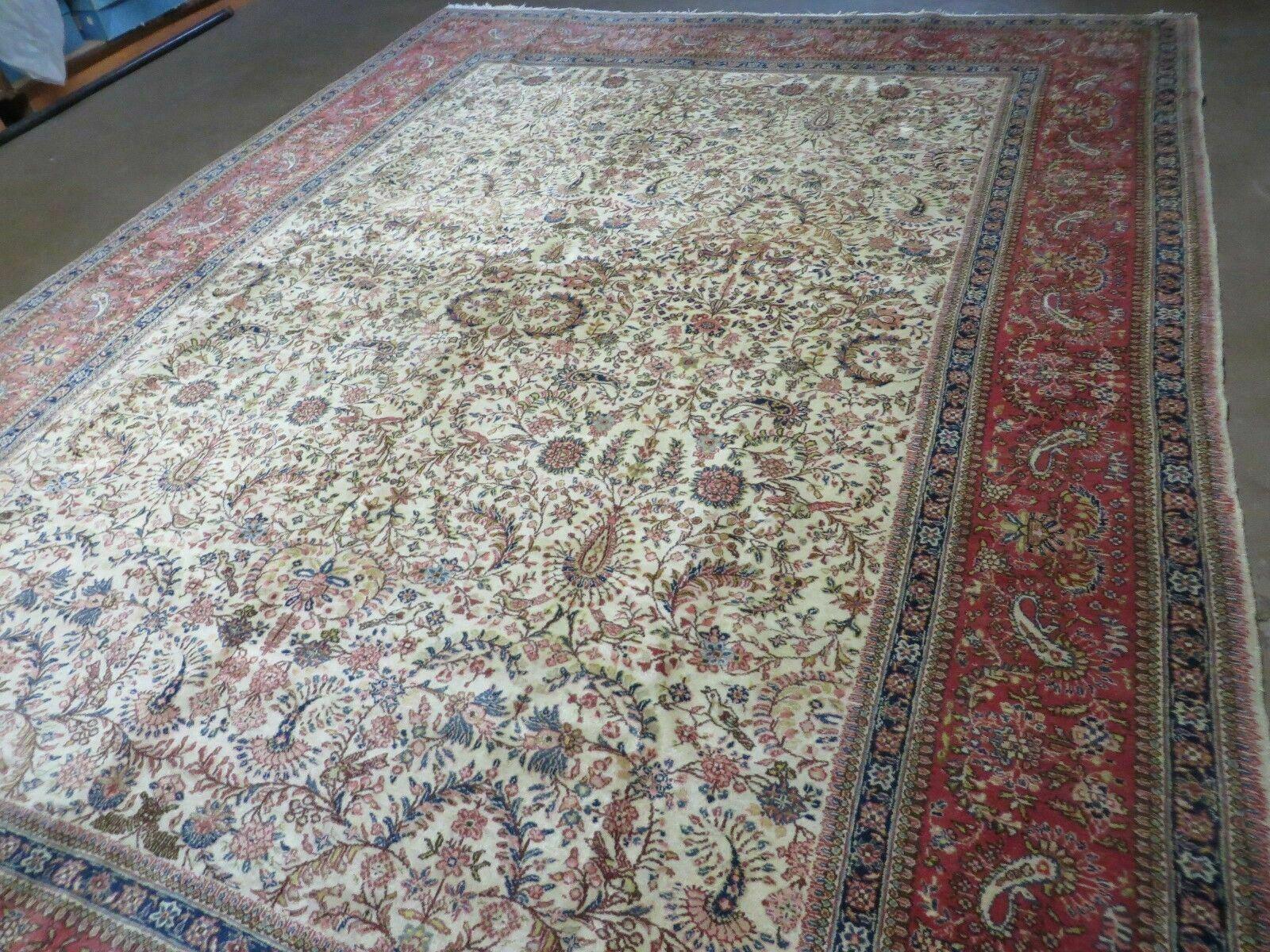 Persian Tabriz Rug 8x10, Antique Authentic Wool Oriental Carpet 8 x 10 ft, Bird Motifs Floral Boteh Paisleys, Cream Red Blue Vintage Handmade Rug - Nuvé
