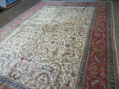 Persian Tabriz Rug 8x10, Antique Authentic Wool Oriental Carpet 8 x 10 ft, Bird Motifs Floral Boteh Paisleys, Cream Red Blue Vintage Handmade Rug - Nuvé