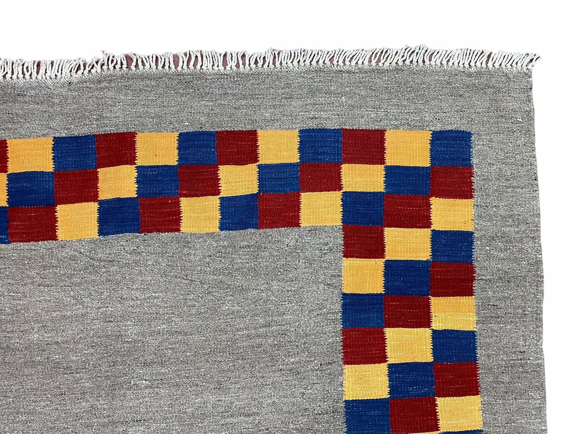 Gray Kilim Carpet, Yellow, Red, Blue Checkerboard Pattern, Flatweave, New, Geometric, Hand-Knotted, Wool, Turkish Area Rug, 5' 9" x 7' 9" - Nuvé