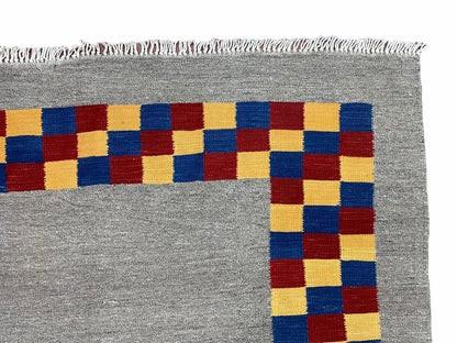 Gray Kilim Carpet, Yellow, Red, Blue Checkerboard Pattern, Flatweave, New, Geometric, Hand-Knotted, Wool, Turkish Area Rug, 5' 9" x 7' 9" - Nuvé