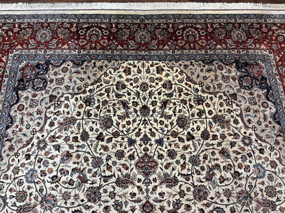 Sino Persian Rug 9x12, Vintage Wool Oriental Carpet, Floral Medallion, Wool Rug, Cream and Maroon - Nuvé