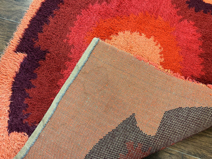 Danish Rya Shag Rug 4x6, Mid Century 1960s Retro Vintage Wool Rug, Shades of Red - Nuvé