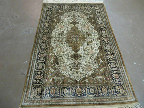 3' X 5' Fine Handmade Chinese Silk Rug Deer Birds Hand Knotted One Of A Kind - Nuvé