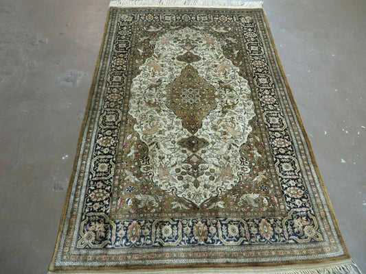 3' X 5' Fine Handmade Chinese Silk Rug Deer Birds Hand Knotted One Of A Kind - Nuvé