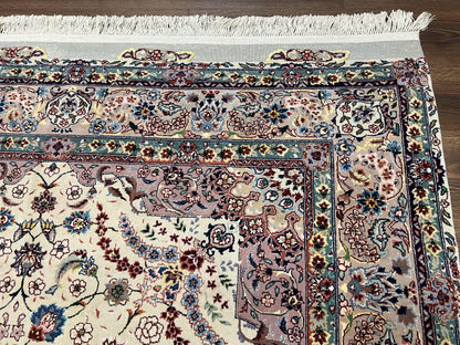 Beautiful Pak Persian Rug 6x9, Floral Medallion, Wool and Silk, Highly Detailed Elegant Carpet, Vintage Oriental Rug 6 x 9, Cream and Gray - Nuvé
