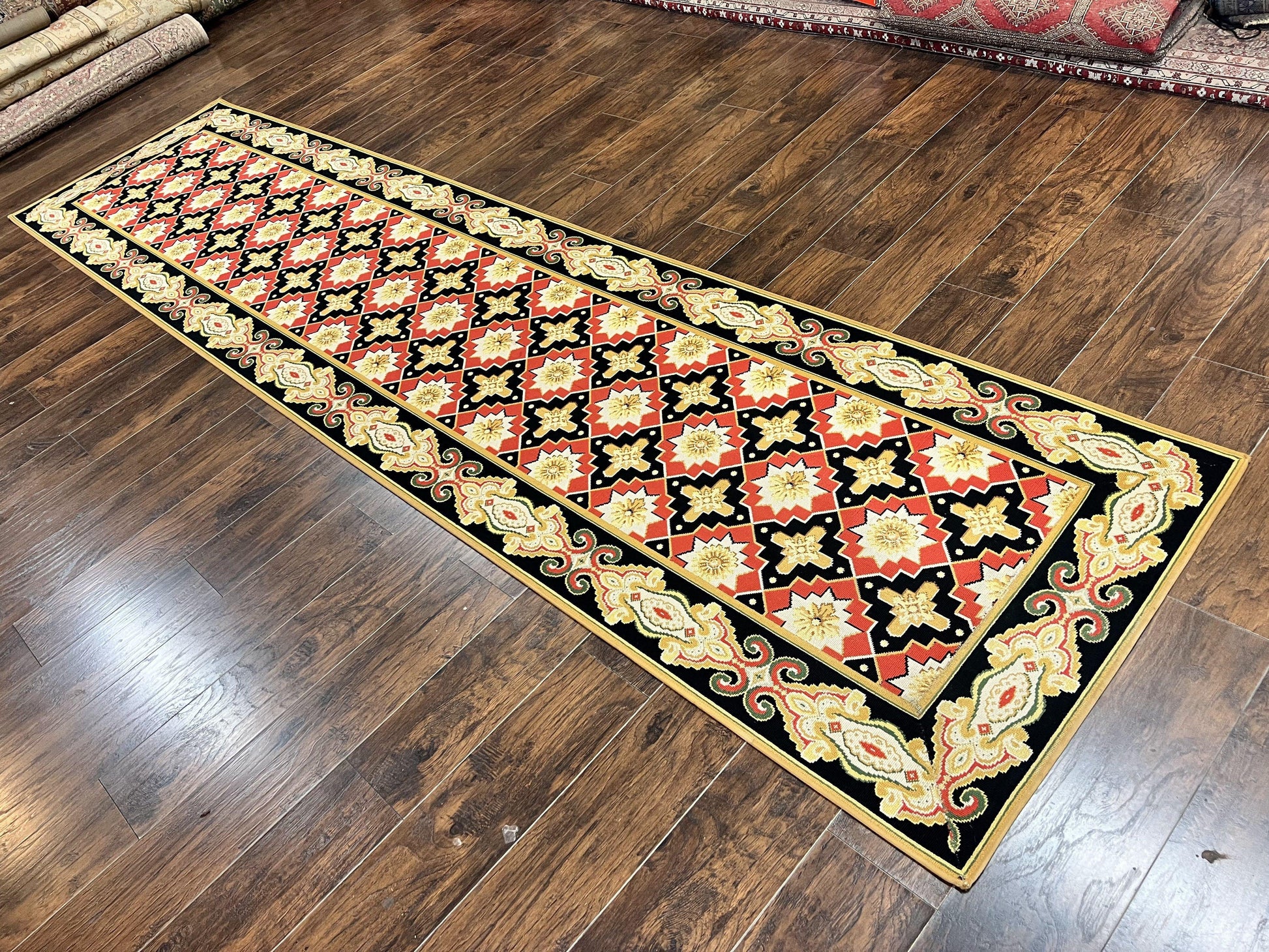Vintage Runner Rug 3.5 x 14, Long Runner Rug, Stark Custom Made Carpet, European Design, Red Black Ivory Tan, Long Rug for Hallway - Nuvé