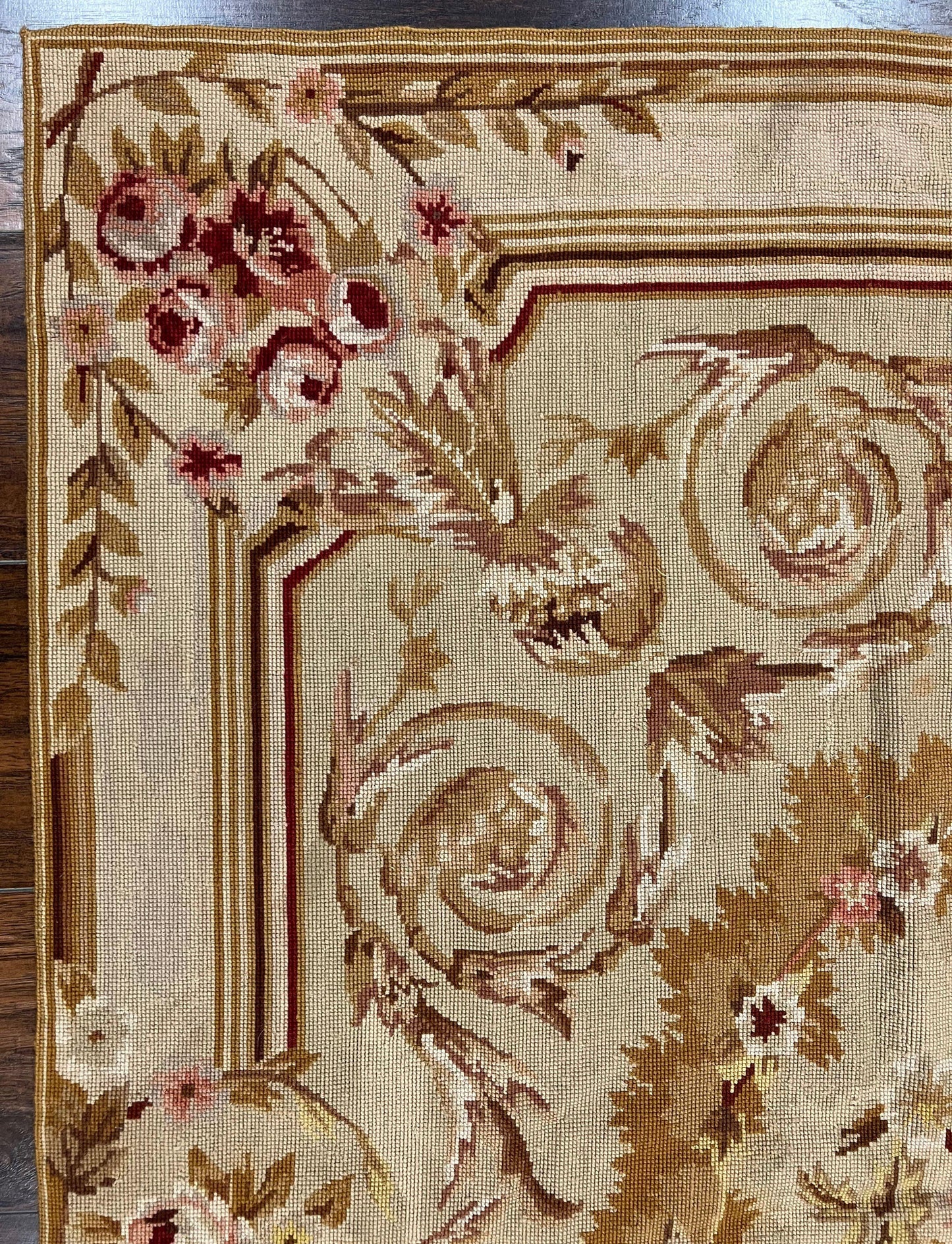 Aubusson Needlepoint Rug 4x5 ft, Beige and Tan, Aubusson Savonnerie Vintage Carpet, Handwoven Handmade Wool Rug, European Design Floral Rose - Nuvé