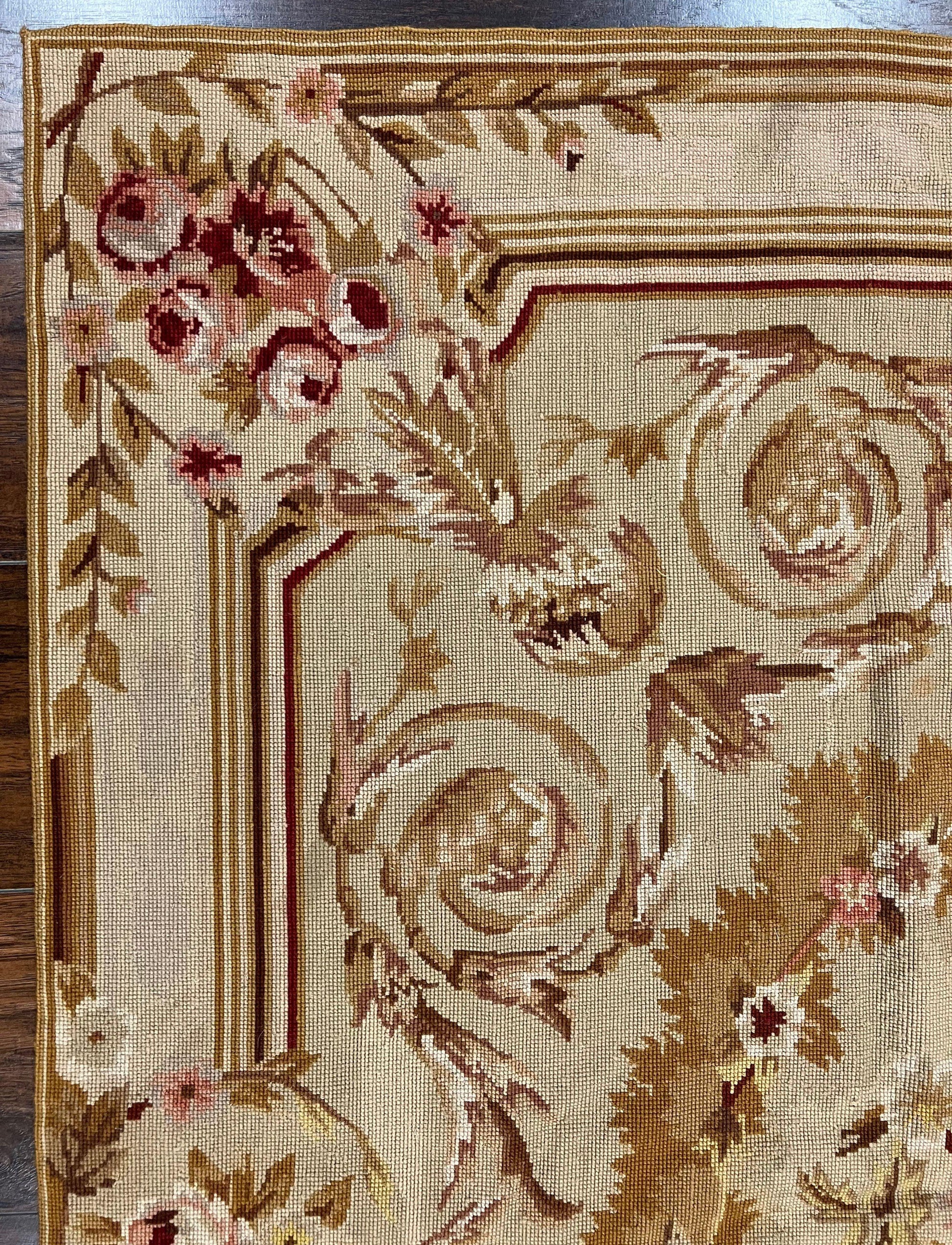 Aubusson Needlepoint Rug 4x5 ft, Beige and Tan, Aubusson Savonnerie Vintage Carpet, Handwoven Handmade Wool Rug, European Design Floral Rose - Nuvé