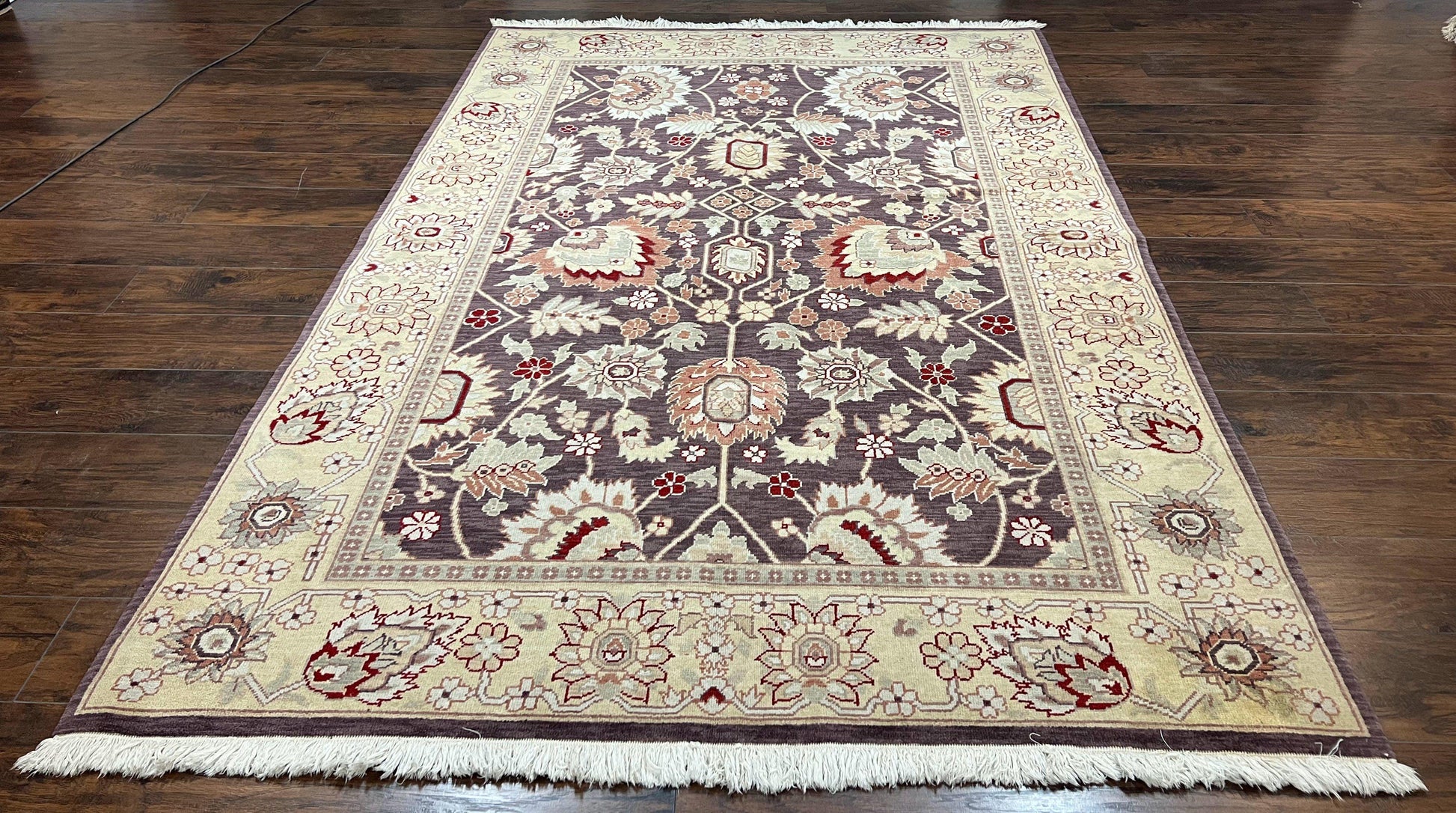Vintage Indo Mahal Area Rug 6x9, Indian Persian Oriental Carpet 6 x 9, Puce Eggplant Tan Beige Rug, Hand-Knotted, Large Floral Design Wool - Nuvé