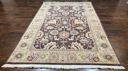 Vintage Indo Mahal Area Rug 6x9, Indian Persian Oriental Carpet 6 x 9, Puce Eggplant Tan Beige Rug, Hand-Knotted, Large Floral Design Wool - Nuvé