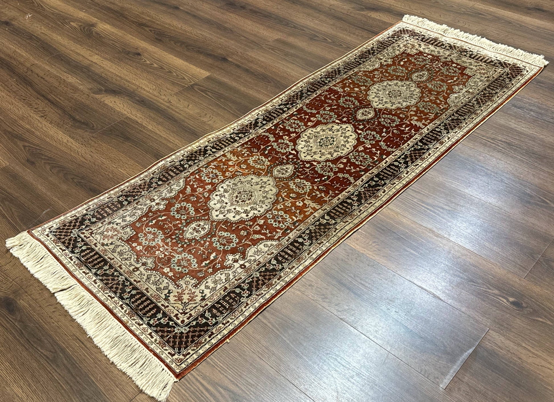 Turkish Silk Narrow Runner Rug 2 x 5.8, Very Fine 340 KPSI, Floral Medallions, Red - Nuvé