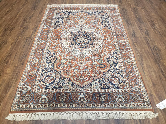 Antique Indian Kashmiri Area Rug 4x6, Wool Hand-Knotted Red & Ivory Floral Medallion Persian Carpet, Vintage Oriental Entryway Rug 4 x 6 - Nuvé