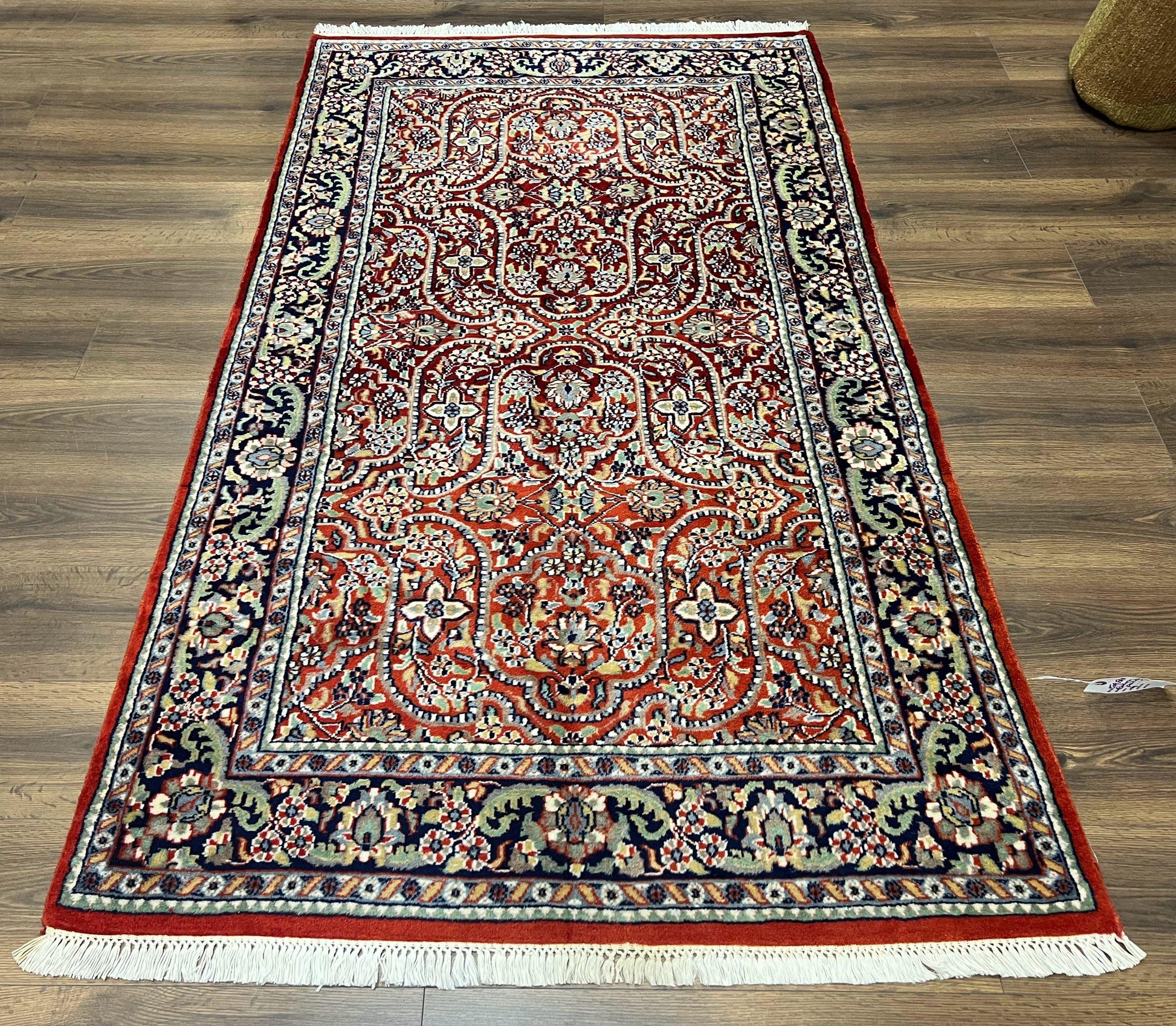 Indo Persian Rug 4x7, Allover Floral Oriental Carpet, Red and Navy Blue, Hand Knotted Indian Kashmiri Traditional Vintage Area Rug 4 x 7 ft - Nuvé