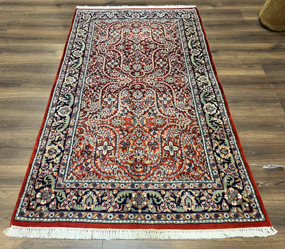 Indo Persian Rug 4x7, Allover Floral Oriental Carpet, Red and Navy Blue, Hand Knotted Indian Kashmiri Traditional Vintage Area Rug 4 x 7 ft - Nuvé