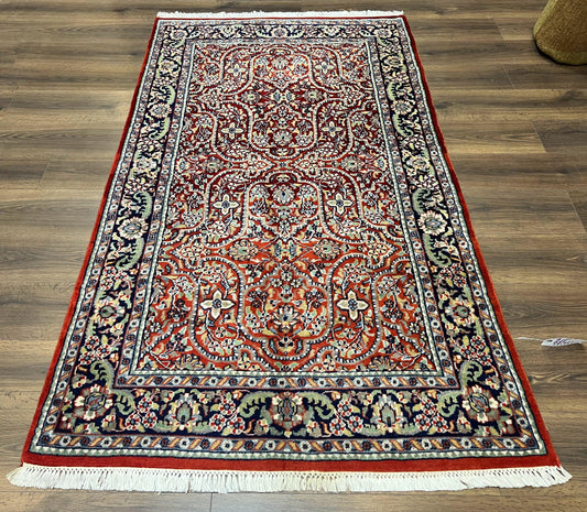 Indo Persian Rug 4x7, Allover Floral Oriental Carpet, Red and Navy Blue, Hand Knotted Indian Kashmiri Traditional Vintage Area Rug 4 x 7 ft - Nuvé