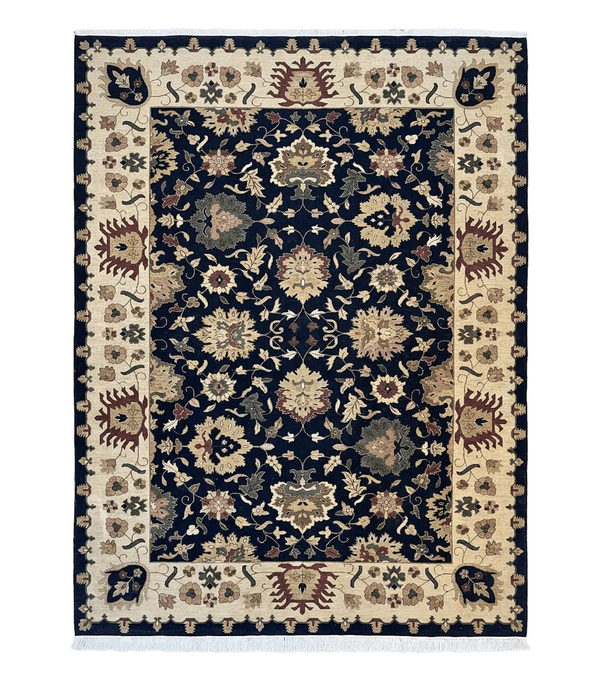 Handmade Indo Persian wool rug measuring 10x14 with floral Oriental design in black and beige, by Jewel Rugs.